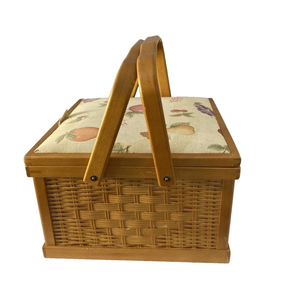 Vtg Jumbo Nantucket Style Wooden Wicker Sewing Basket, Fruit Motif